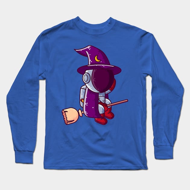 Cute Astronaut Witch Flying Broom Halloween Cartoon Long Sleeve T-Shirt by Ardhsells